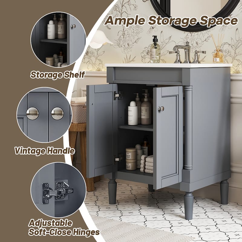 24'' Bathroom Vanity with Sink, Freestanding Modern Cabinet with Storage Shelves and Double Doors, Small Bathroom Vanity