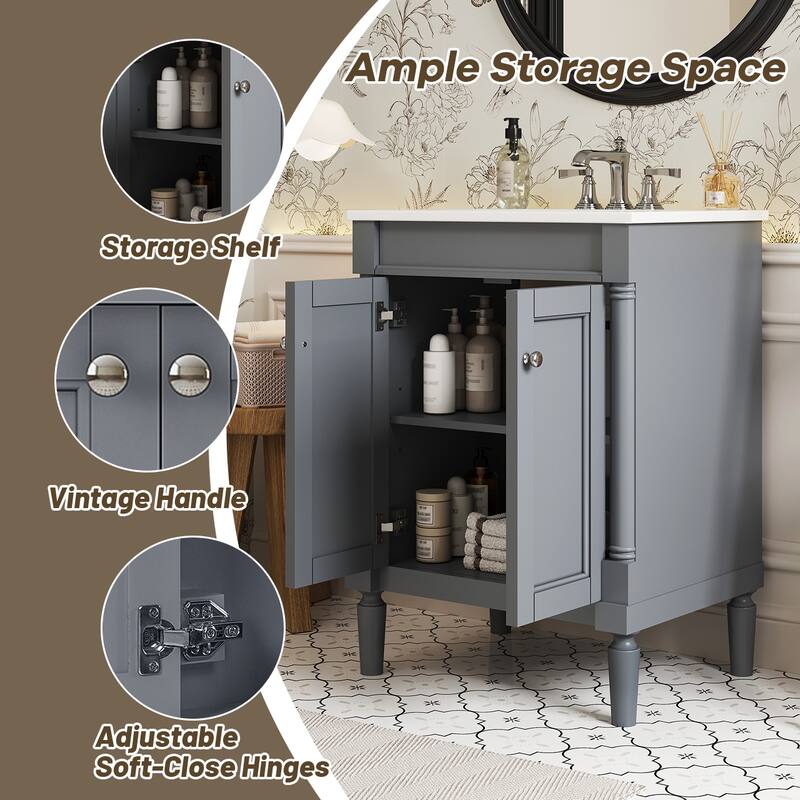 24'' Bathroom Vanity with Top Sink, 2-Tier Modern Bathroom Storage Cabinet, Single Sink Bathroom Vanity, Large Storage Shelves