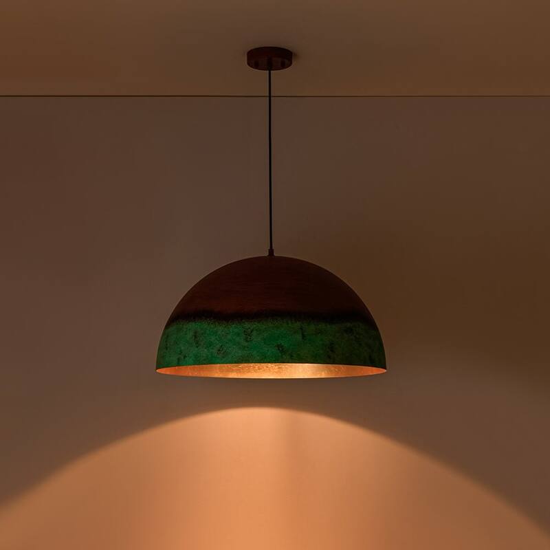 Weathered Copper Metal Oversized Dome Pendant Green Patina Accent