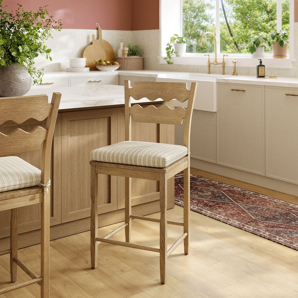 Jax Oak Wood Counter Stool With Wavy Razor Back and Cushion