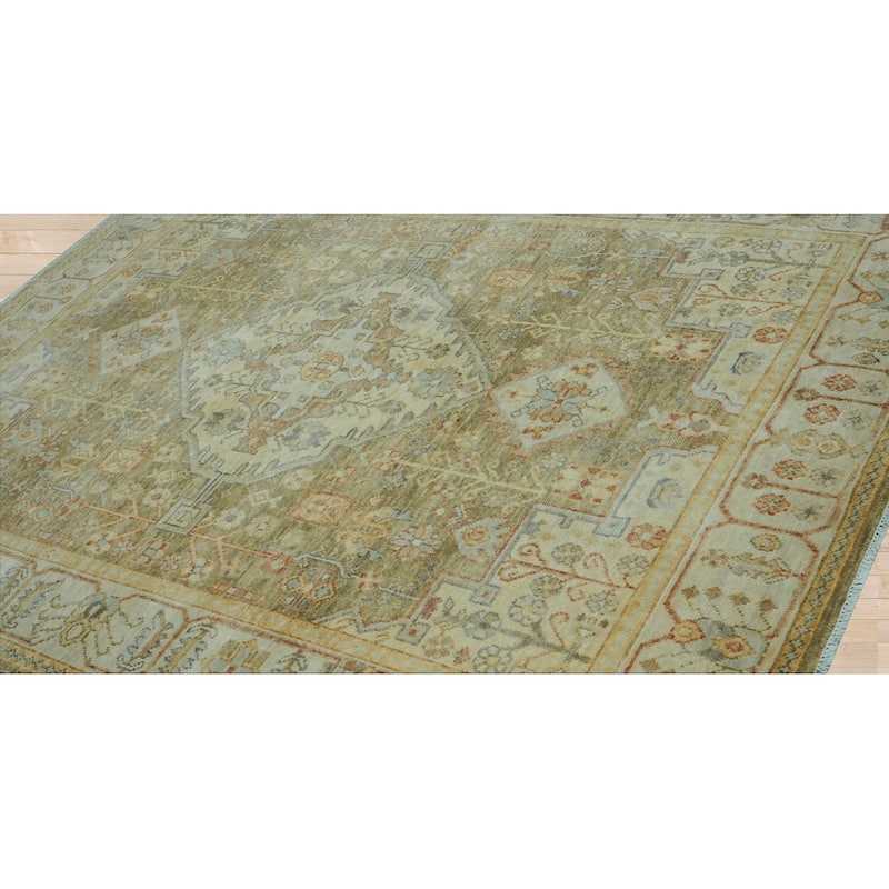 Green Traditional Oushak Wool Rug 8x10 Hand Knotted by LoomBloom - 8' x 10' 1''