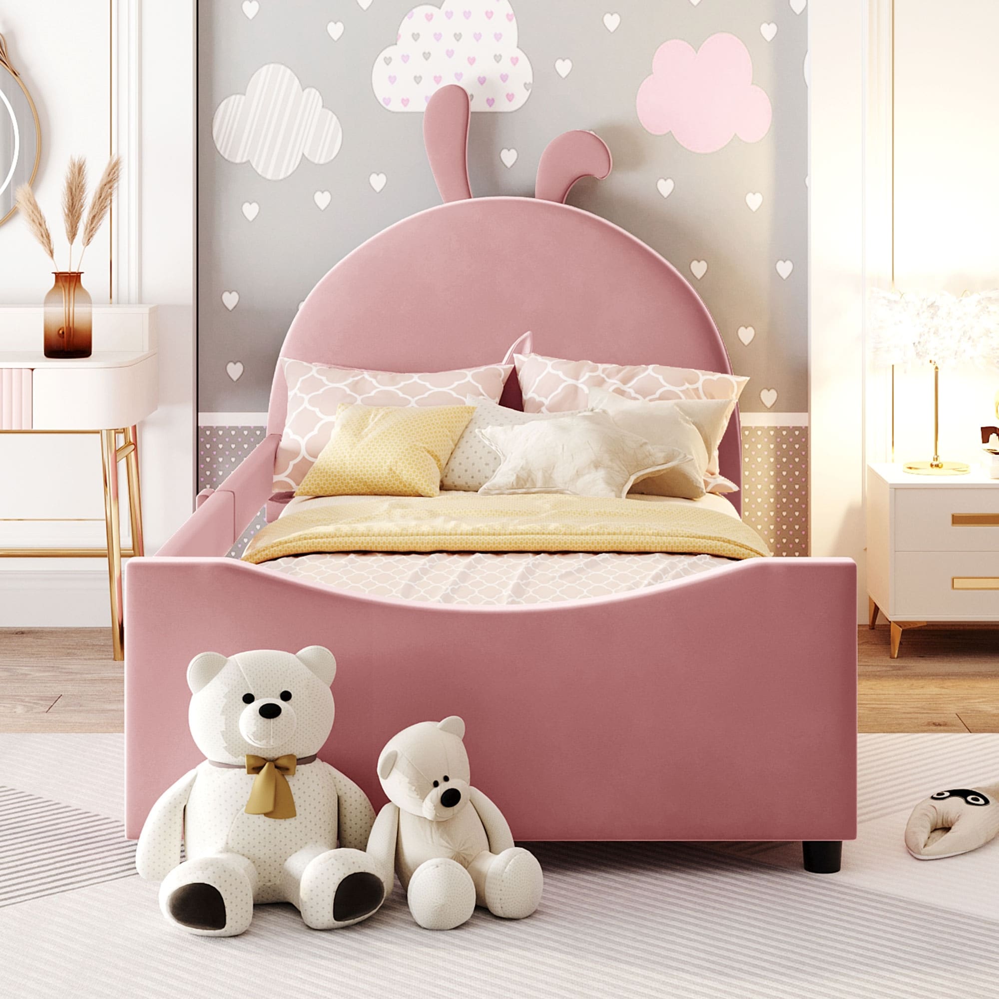 Girl Kids Space Bed Twin Size Platform Bed Upholstered Bed, Wooden