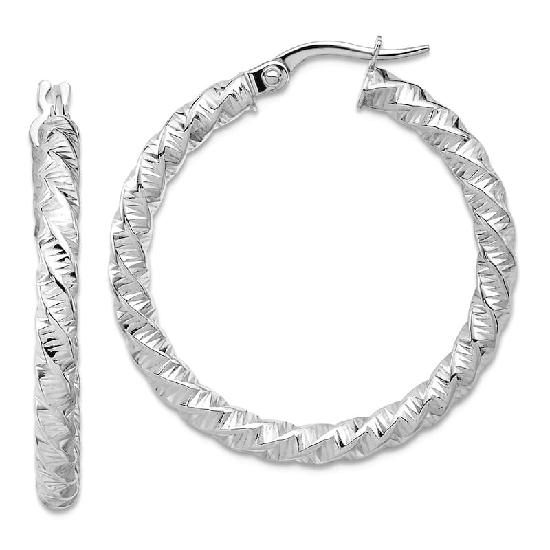 Curata 14k Yellow or White Gold 3x31mm Textured Twisted Hoop Earrings - White Gold