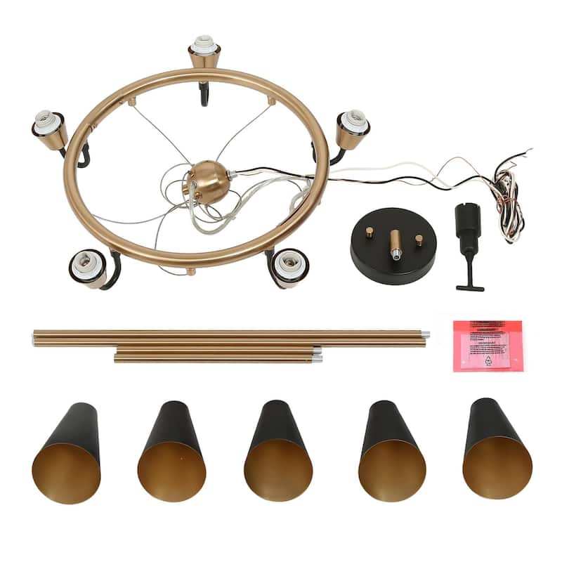 Modern 5-Light Black Gold Chandelier Wagon Wheel Pendant Lights with Metal Shades - 23.5"L x 33.5"H