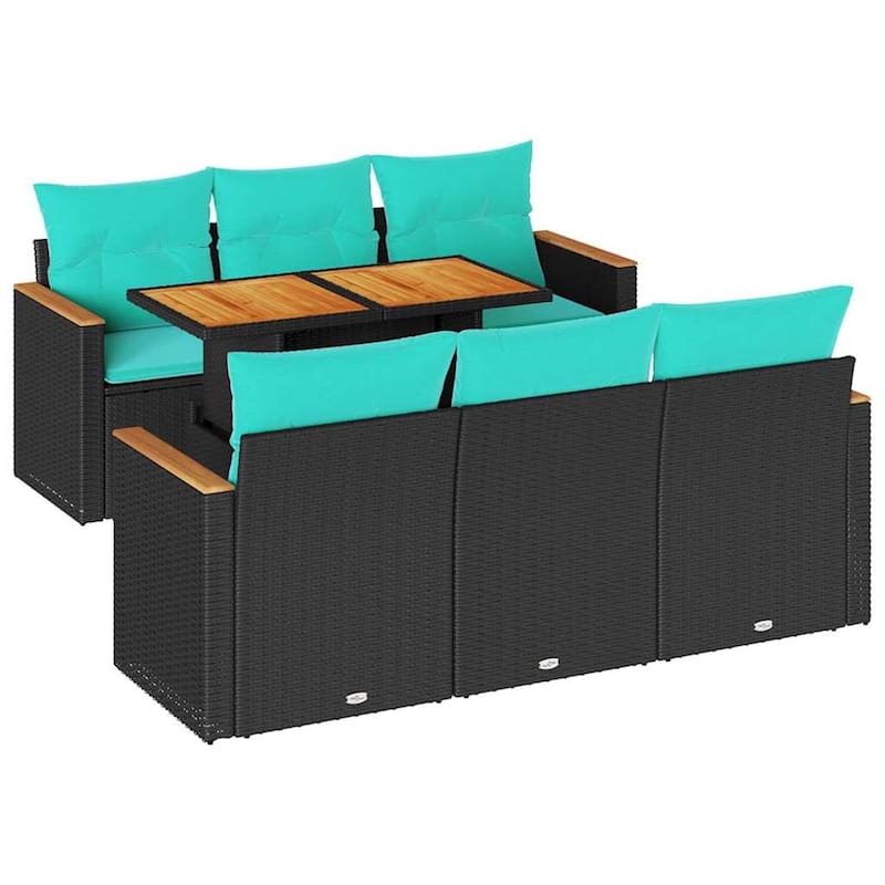 vidaXL Patio Sofa Set with Cushions Lounge Seating 7 Piece Poly Rattan Acacia - 21.7 x 24.4 x 27.2