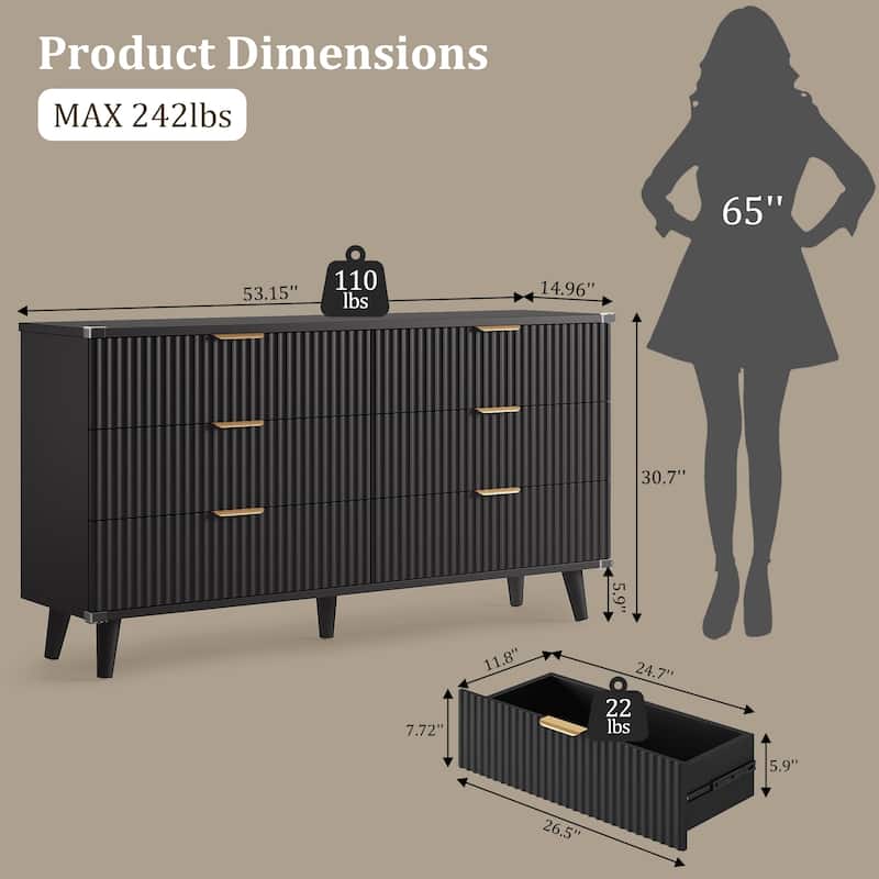 6 Drawer Dresser for Bedroom, 53" Wide Boho Fluted Dresser