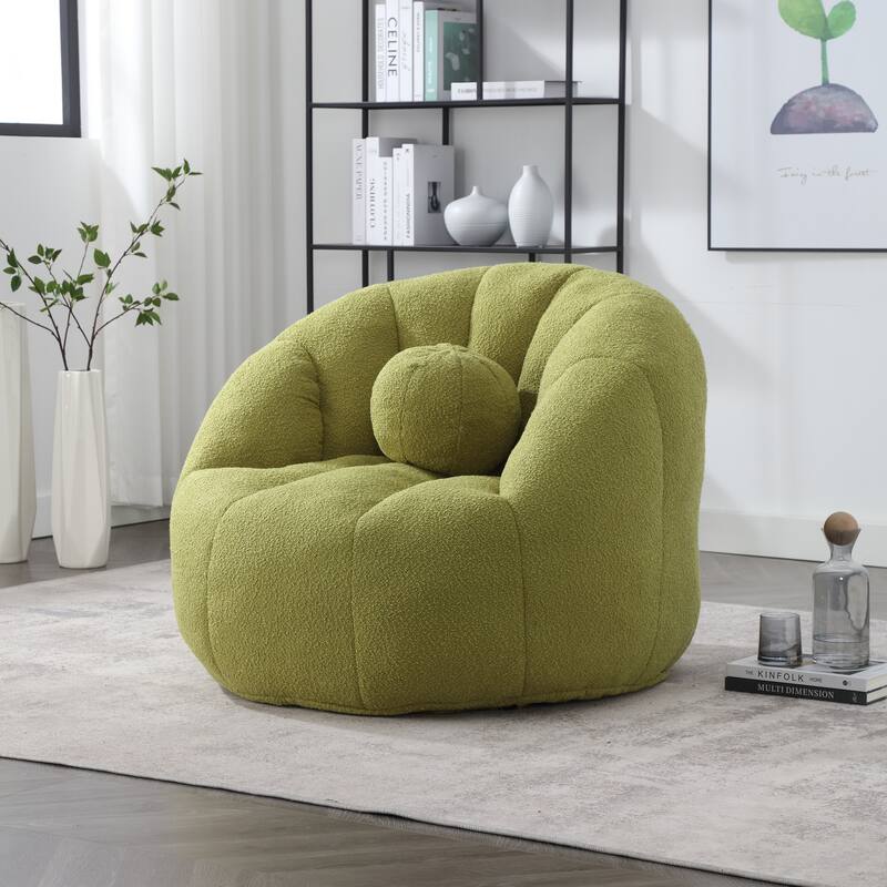 HOMEFUN Boucle Upholstered Round Lazy Cozy Bean Bag Chair With a Pillow - Olive