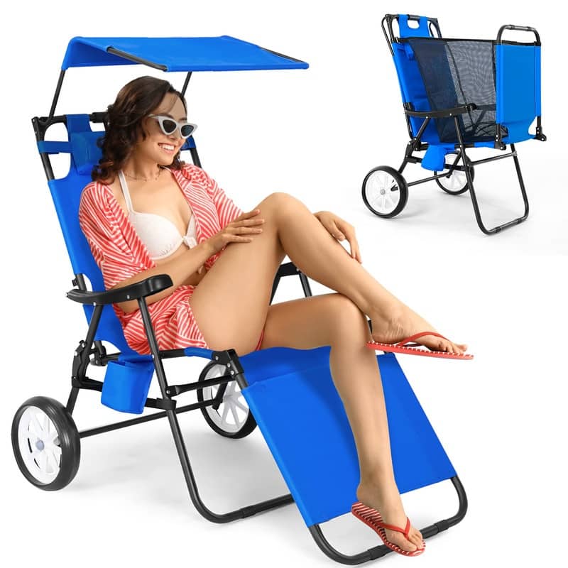 Beach Lounge Chair with Wheels and Canopy, Perfect for Pool or Picnic
