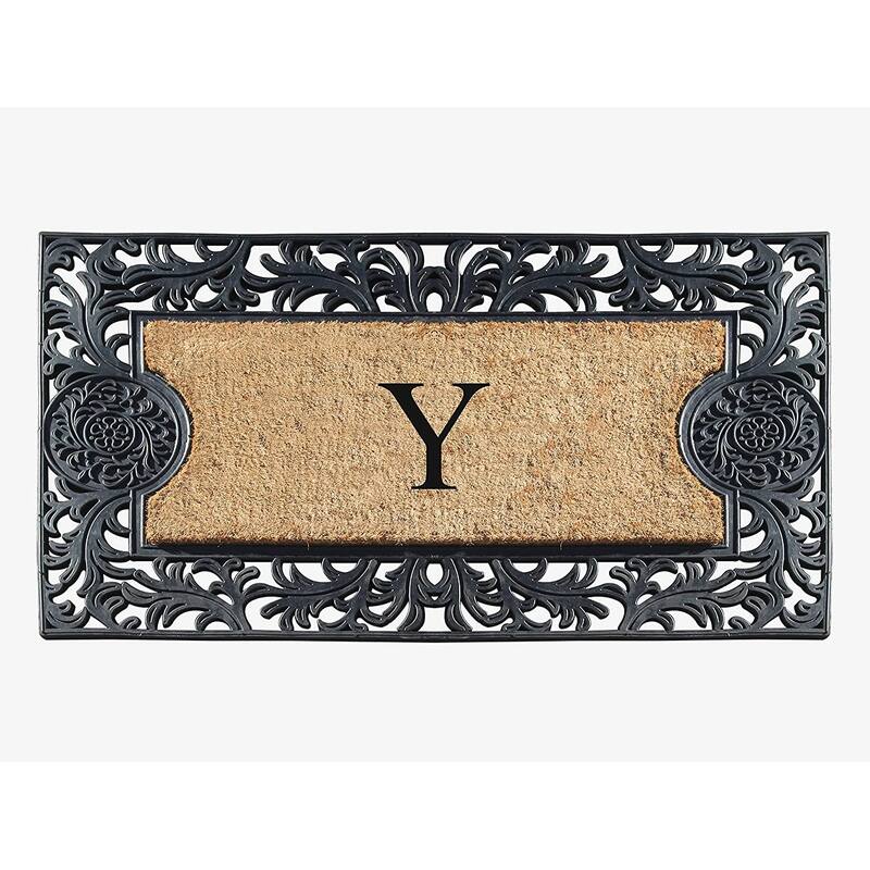 A1HC Floral Border Rubber and Coir Large Outdoor Durable Monogrammed Doormat, Black - 23" X 38"