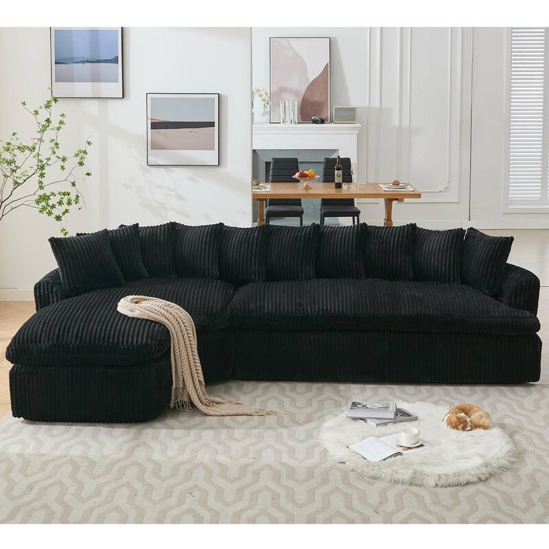 127" Corduroy L-Shaped Sectional Sofa with 10 Back Cushions