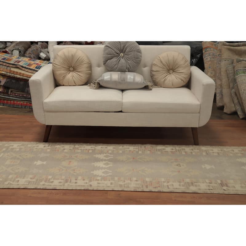 Hand Woven Oriental 100% Wool Carpet Southwestern Tribal Greys & Charcoal Kilim Runner Rug - 10' 2'' X 2' 8''