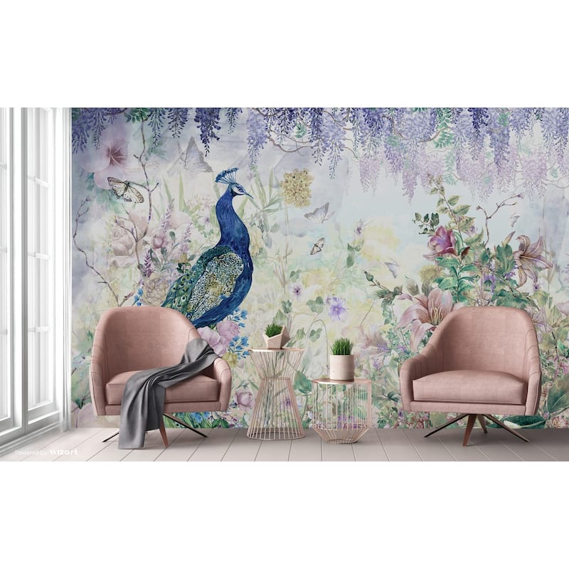 Peacock Wallpaper Mural with Floral and Wisteria Accents - Blue - W:131" x H:118"