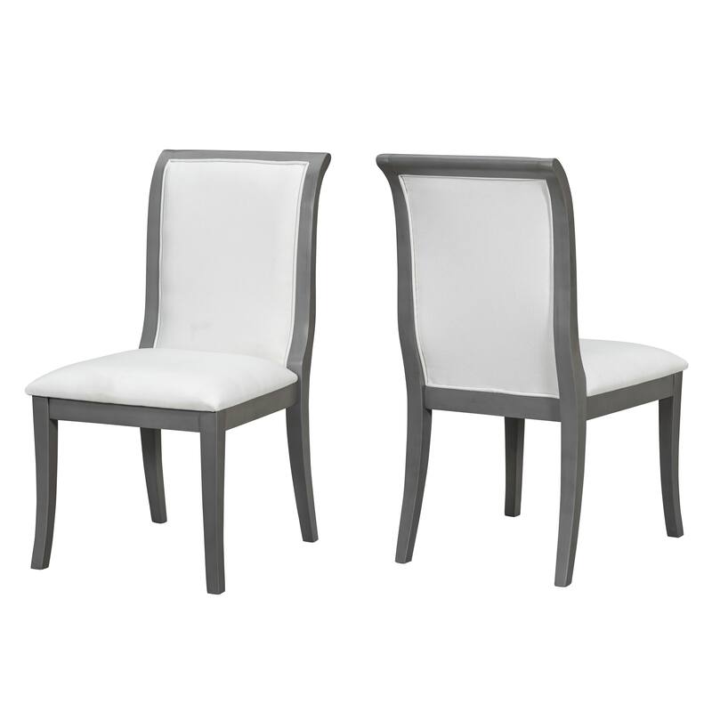 Oak Gray Finish Upholstered Dining Chairs Set of 2 - Traditional Elegant Fabric Side Chairs with Curved Lines - Grey+White