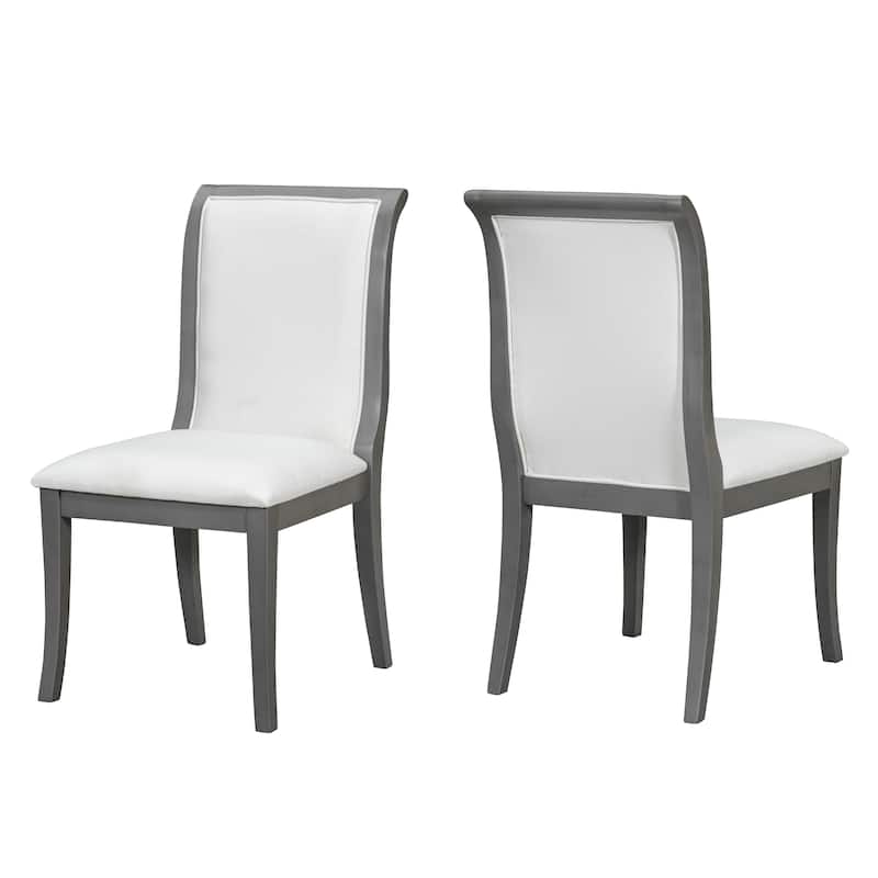 Upholstered Dining Chairs Set of 2 - Traditional Elegant Fabric Side Chairs with Curved Lines, Solid Hardwood Frame - Grey+White