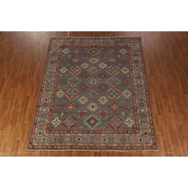 Hand Knotted Oriental 100% Wool Carpet Traditional Geometric Greys & Charcoal Kazak Area Rug - 9' 10'' X 8' 2''