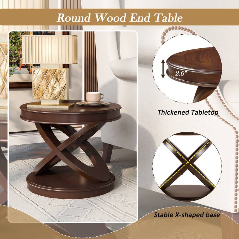 Oval Coffee Table & Round End Tables Set of 3, Retro Wood Table Sets with X-shaped Structure Base and Non-slip Foot Pads