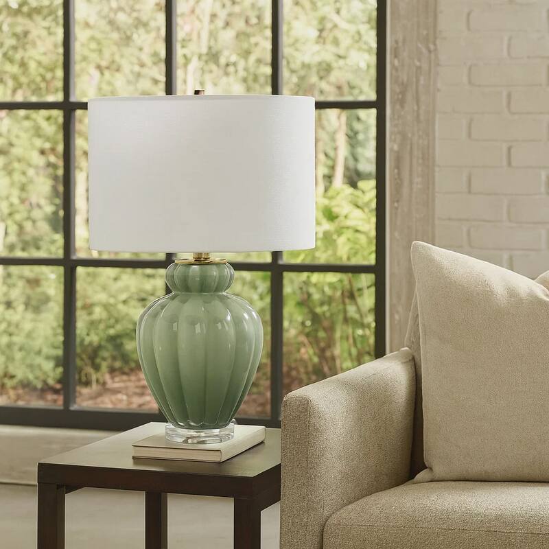 Aggy Accent Table Lamp, White Linen Shade, Green Glass Base 23 Inch