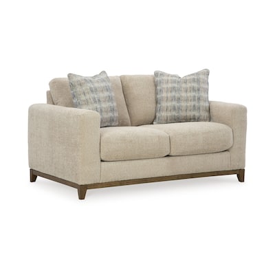 Klyn 67 Inch Loveseat with 2 Accent Pillows, Beige Polyester Upholstery