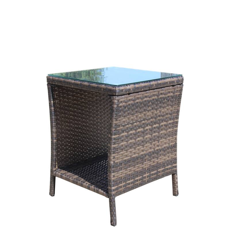 Anmytek Gray Rattan Side Table with Tempered Glass Top Indoor Outdoor Wicker Patio Table Double Tier Storage - 19.25*19.25