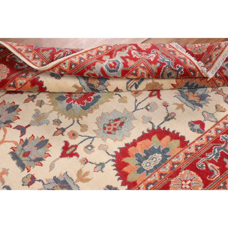 Blue Geometric Kazak Area Rug Hand-Knotted Oriental Wool Carpet - 4'11" x 6'7"