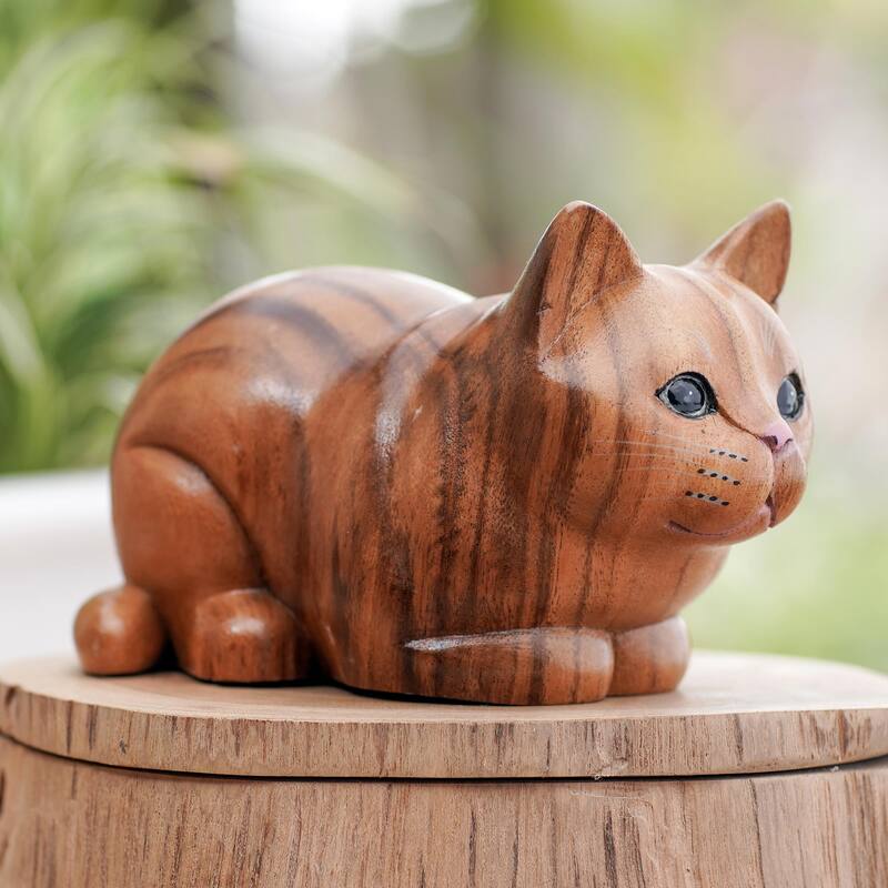 Novica Handmade Lazy Cat Wood Statuette