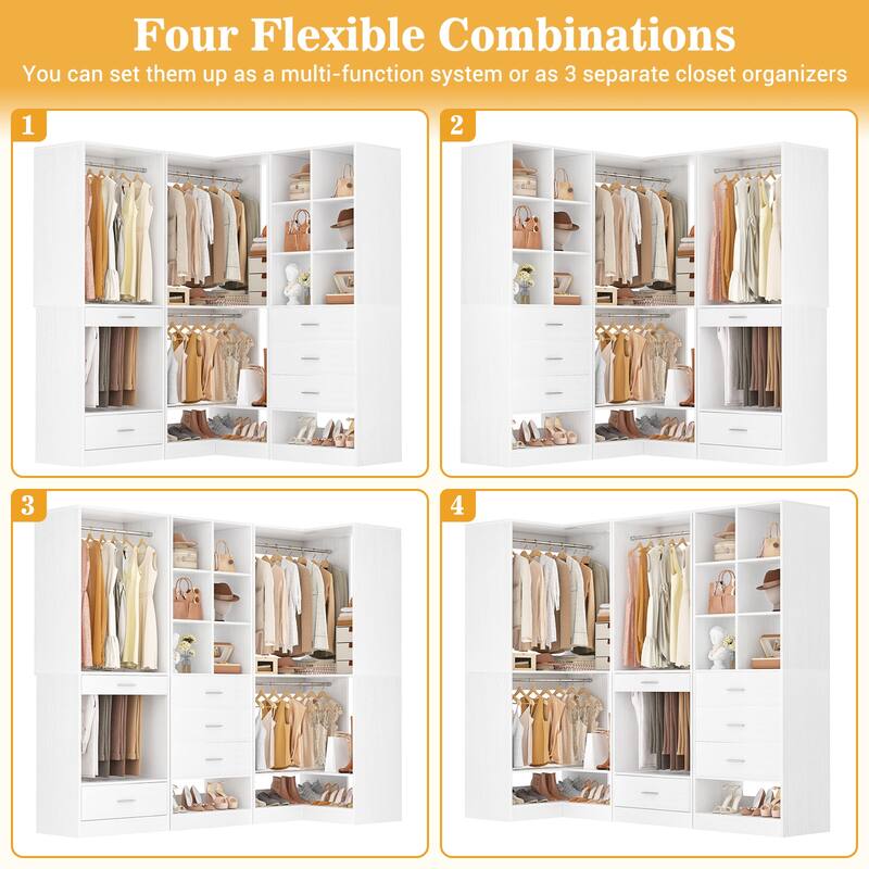 Qvella Corner Closet System with 4 Wooden Drawers & Hanging Rods & Pants Rack, Walk-in Closet Organizer System with Shoe Storage