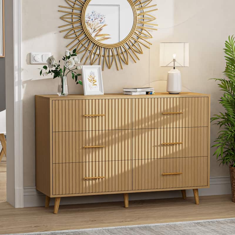 Modern Vertical Stripe 6-Drawer Dresser Multipurpose Storage - Oak