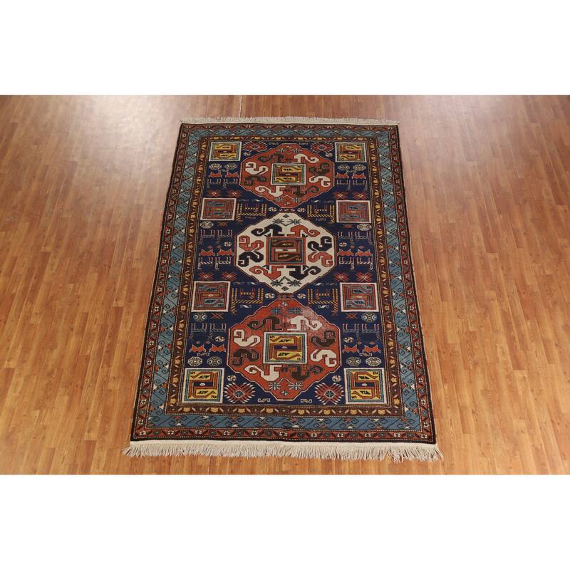 Hand Knotted Oriental 100% Wool Carpet Traditional Tribal Navy Blue & Blues Kazak Area Rug - 10' 0'' X 6' 7''