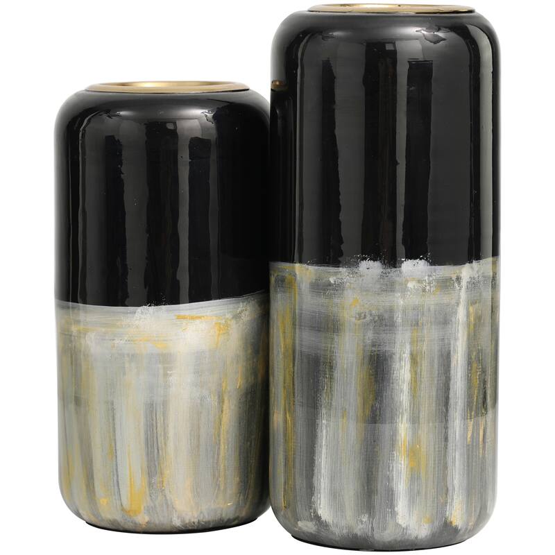 Silver Metal Colorblock Abstract Decorative Vase with Paint Streak Designs and Gold Accents (Set of 2) - 13, 11"H