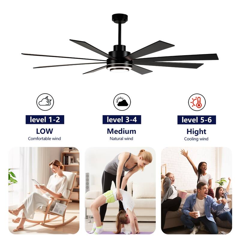 72 Inch 8 PCS Plywood Reversible Blades Ceiling Fan With Light Kit 3 Color Dimmable LED, DC 6 Speed ,Remote Control