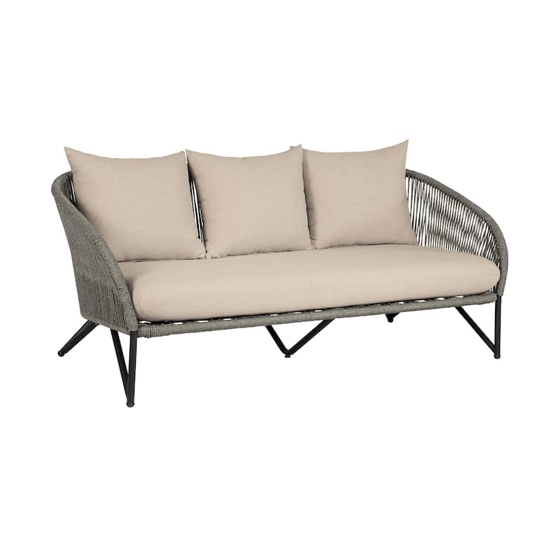 Benicia Outdoor Patio Sofa in Black Steel with Gray Rope and Taupe Olefin Cushions
