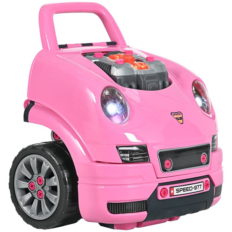 Qaba Kids Truck Engine Toy Set, Educational Car Service Station Playset, Take Apart Workshop, w/ Steering Wheel - Pink