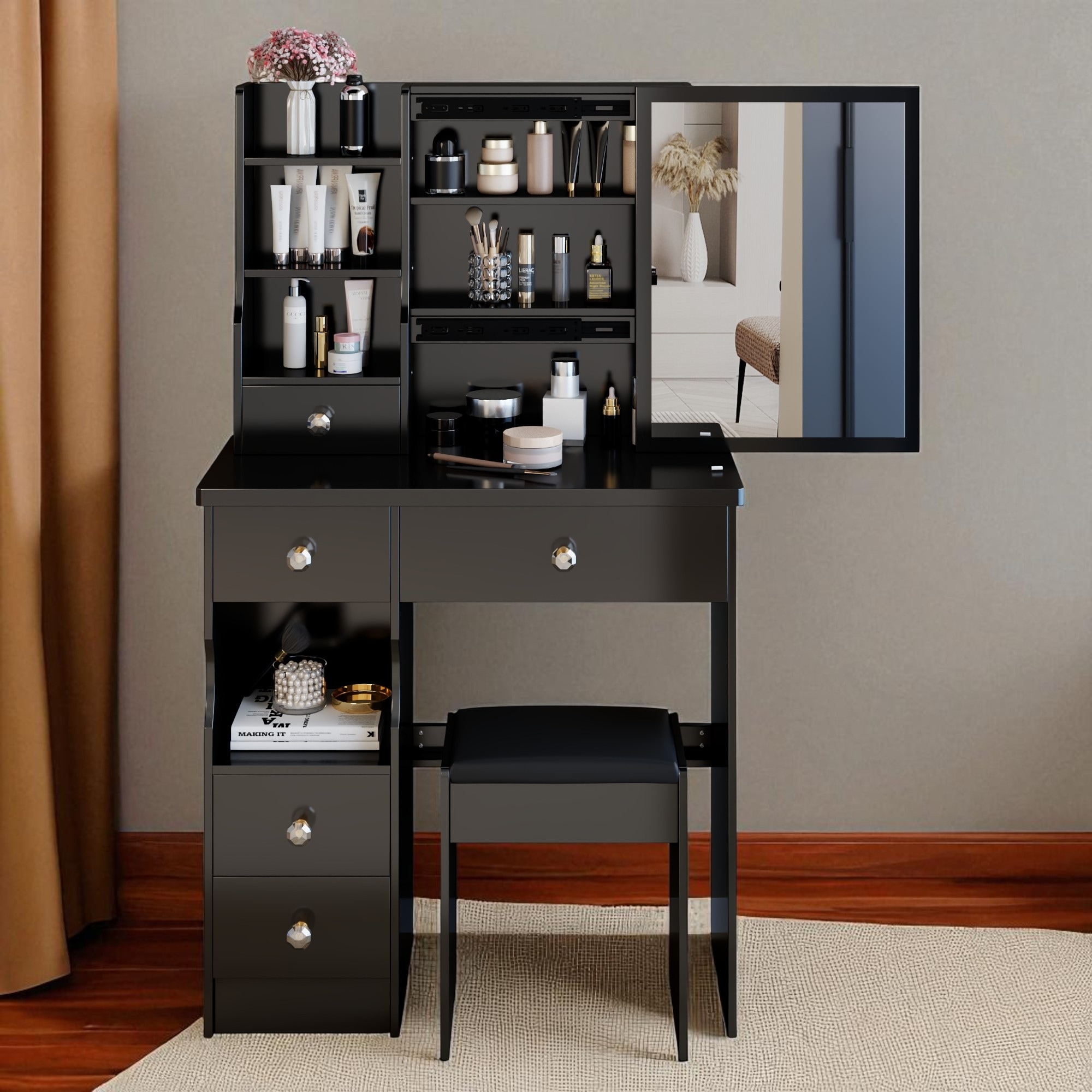 29.2" Compact Vanity Table with Sliding Mirror & Stool, Multi-Layer Storage Makeup Desk for Bedroom or Girls' Room