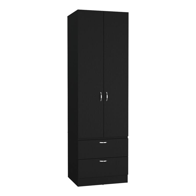 19.5" Modern Double-door Armoire with 2 Drawers, One Shelf and Hanging Rod