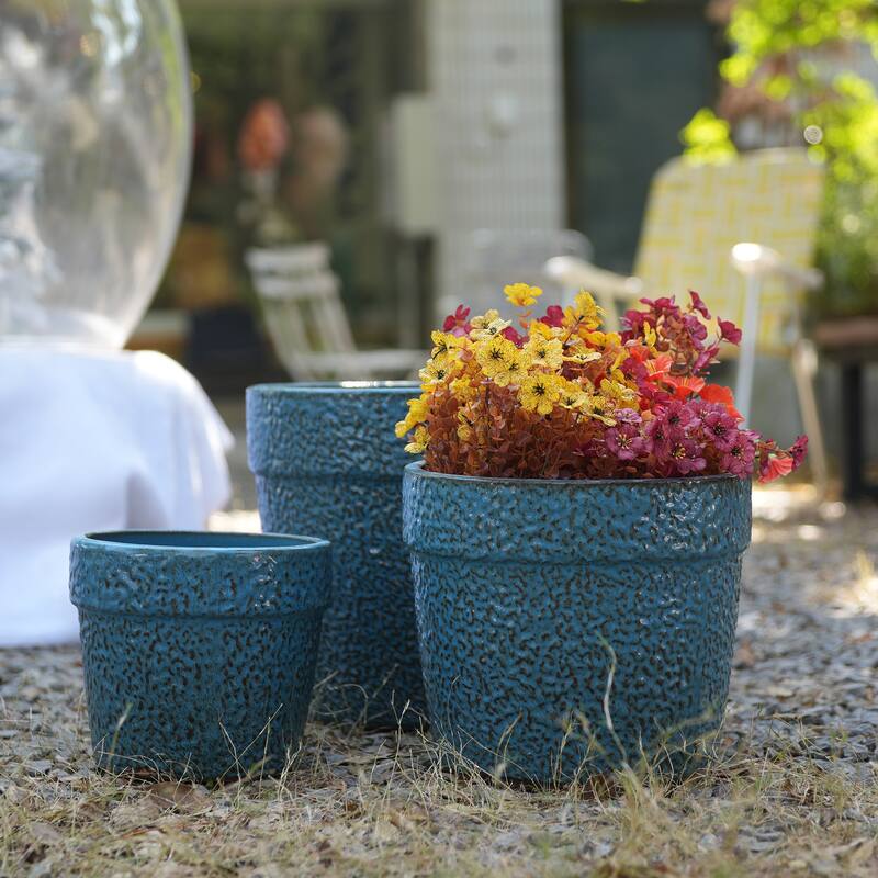 Anmytek Handmade Ceramic Planter Set Blue Textured for Succulents Indoor Garden - Antique Blue