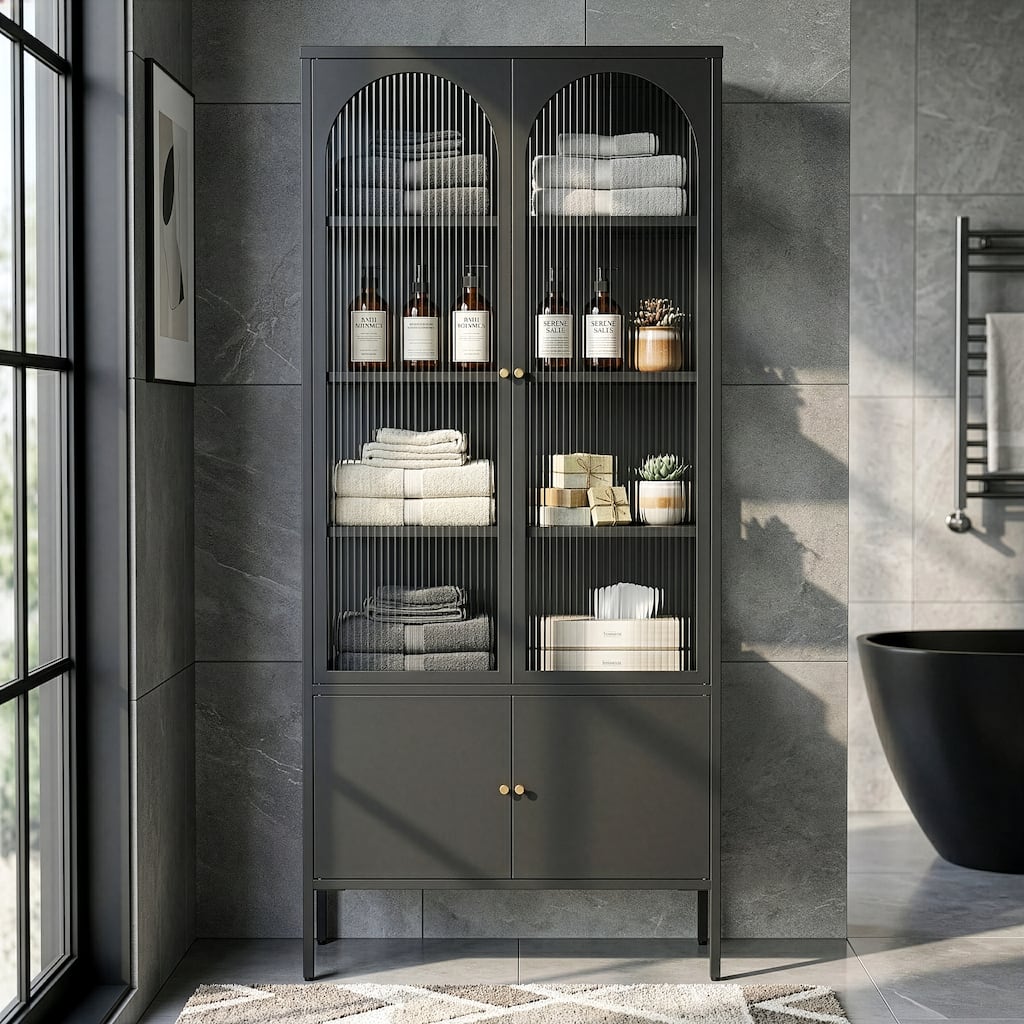 Benton 70.94 inch Black Four Door Metal Storage Cabinet with Fluted Clear Doors