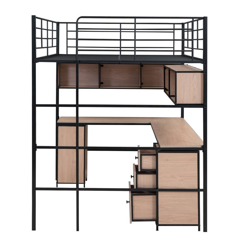 Full Metal Loft Bed with Bookcase, Desk, Cabinet, and Guardrail