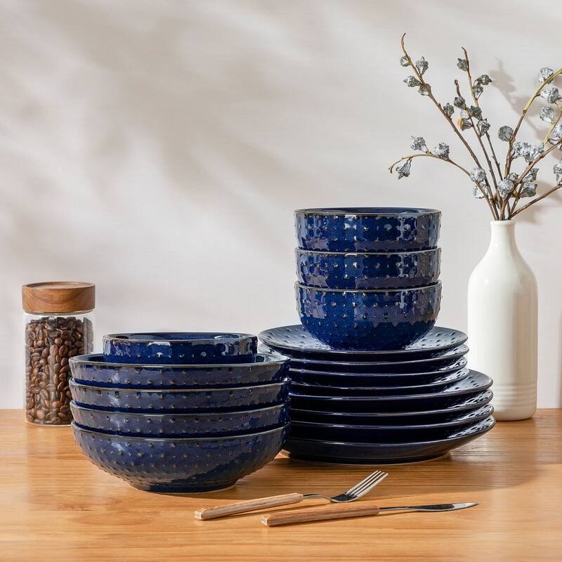 MALACASA LYDIA Embossed Stoneware 16-Piece Dinnerware Set - Textured Dots - kiln mutation blue
