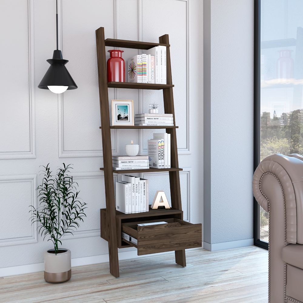 1 Drawer 4 Shelf Ladder Bookcase Dark Walnut for Living Room