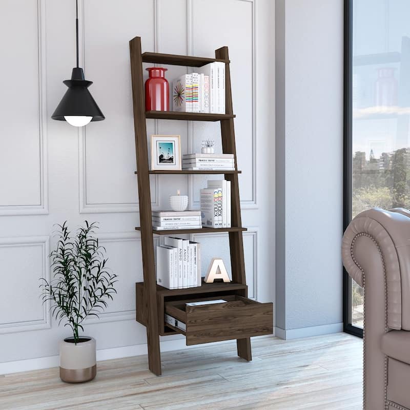 FM Furniture Hamburg Ladder Bookcase, Five Open Shelves, and One Drawer