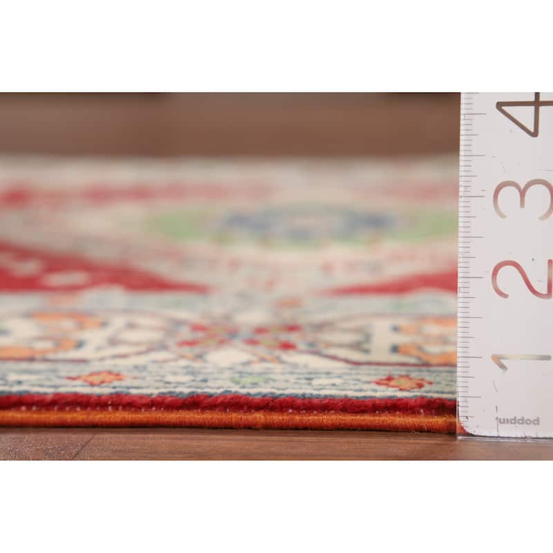 Red Geometric Kazak Accent Rug Hand-Knotted Traditional Wool Carpet - 3'4" x 4'10"