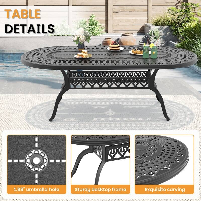 Outdoor Patio Oval Cast Aluminum Dining Table with Umbrella Hole for 8 Person