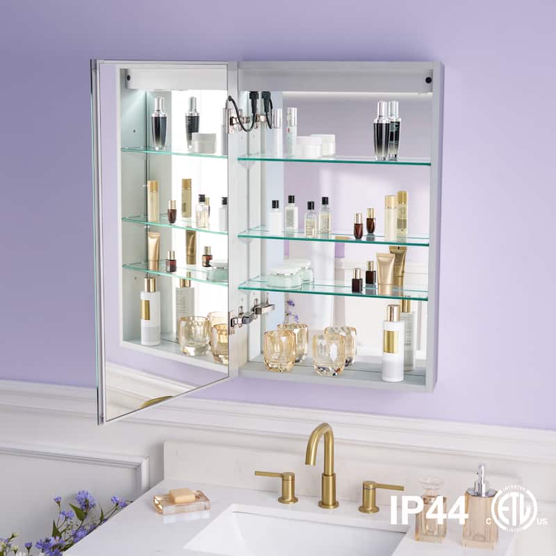 Recessed or Surface 30" H LED Mirror Cabinet with Adjustable Glass Shelves,Defogger, Dimmer And Outlets & USB Ports