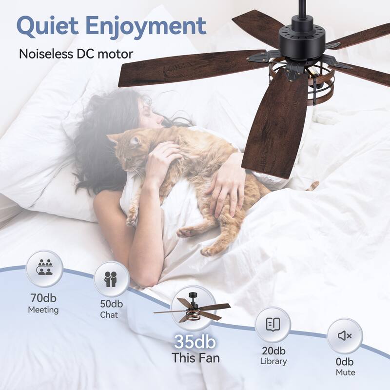 52" Farmhouse Reversible 5-Blade Black Caged Ceiling Fan with Light and Remote