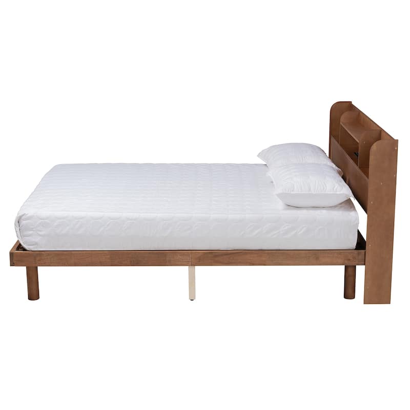 Full Size Platform Bed with Charging Station - Modern Wood Bed Frame, Walnut Brown Finish, Low Profile Design