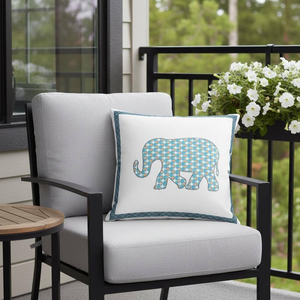 HomeRoots Set of Two 16" X 16" Blue and White Elephant Blown Seam Animal Print Indoor Outdoor Throw Pillow