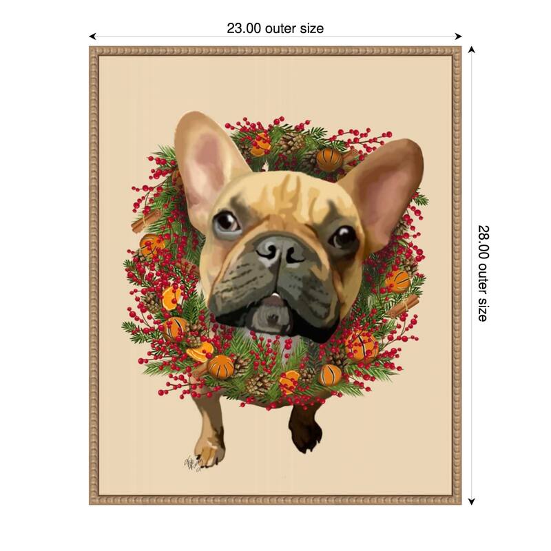 French Bulldog Cranberry Wreath by Fab Funky (23 x 28 in.), Framed Canvas Wall Art Print - Sylvie Beaded Rustic Natural