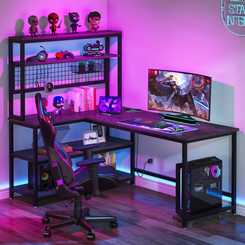 L-Shaped Computer Desk Reversible Corner Desk with Wireless Charging 9 Storage Shelves and Bookshelf for Home Office - Grey