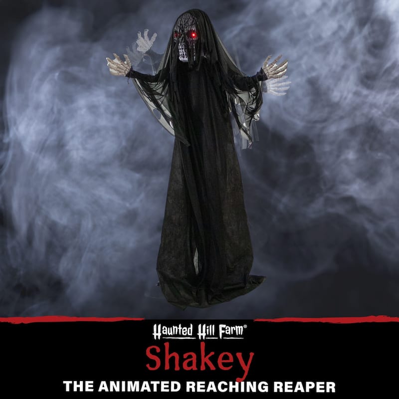 Haunted Hill Farm 5-Ft. Shakey the Animated Reaching Reaper, Indoor or Covered Outdoor Halloween Decoration, Battery Operated