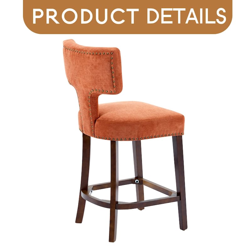 Mid Century Modern Counter Height Bar Stools Set of 2, Farmhouse Linen Fabric Upholstered Accent Chair Curved Backrest